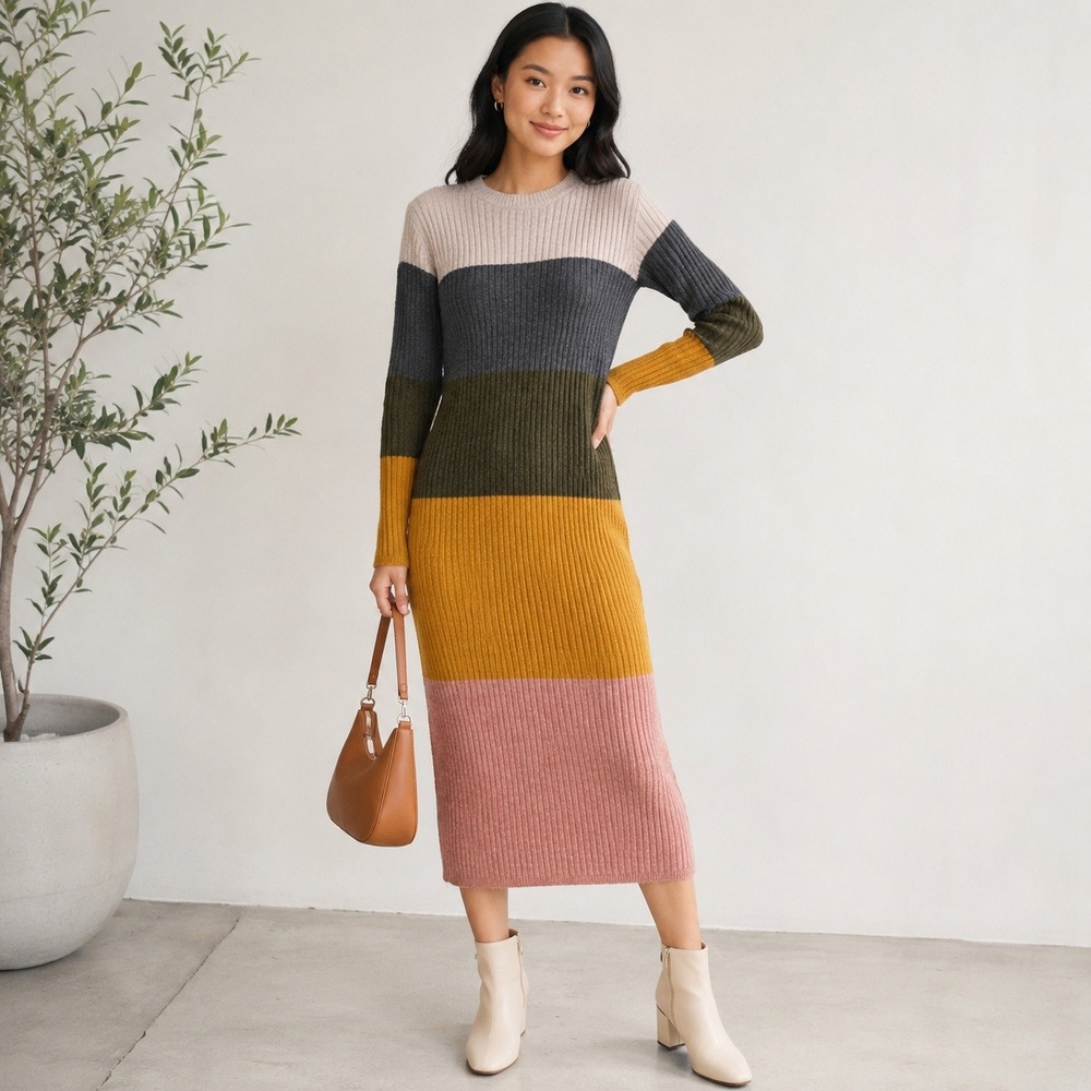 Madewell Colorblock Ribbed Sweater Dress XXS Wool Blend Striped Midi Crew Neck